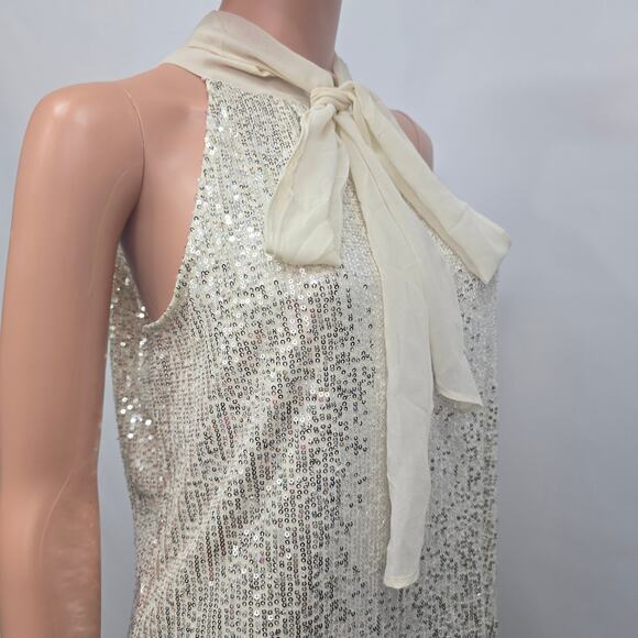 NWT Calvin Klein Sequin Top Blouse Size M Sleeveless Tie Front Halter neck Cream - Picture 4 of 12